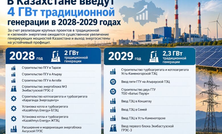 Дәстүрлі генерация: Қазақстанда 2028–2029 жылдары 4 ГВт-тан астам қуат іске қосылады